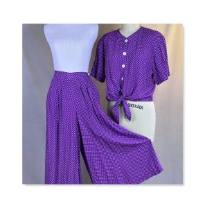 80s Purple and White Rayon Polka Dot Split Skirt and Tie Blouse by Chaus, Sz 10