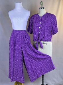 80s Purple and White Rayon Polka Dot Split Skirt and Tie Blouse by Chaus, Sz 10 - Fashionconservatory.com
