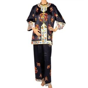 Vintage 1930s Chinese Embroidered Black Silk Pajamas / Hostess Pyjamas Sz M / L