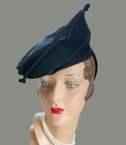Vintage 1940s Black Tilt Hat with Placement Band by Christine