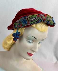 40s Red Velvet Beaded Hat by Christine Original