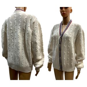 70s Sporty Cable Knit Cardigan with Stripe Collar 