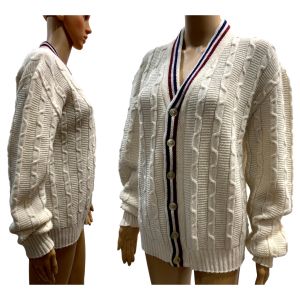 70s Sporty Cable Knit Cardigan with Stripe Collar  - Fashionconservatory.com