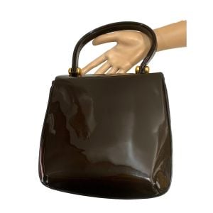 60s Brown Patent Leather Top Handle Bag w Gold Balls - Fashionconservatory.com