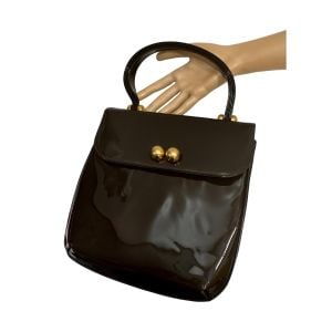 60s Brown Patent Leather Top Handle Bag w Gold Balls