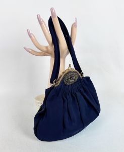Vintage Navy Blue Faille Pouch Style Handbag with Rhinestones by Claire - Fashionconservatory.com