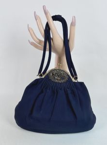 Vintage Navy Blue Faille Pouch Style Handbag with Rhinestones by Claire