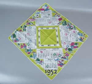 1952 Lime Green and White Calendar Handkerchief, Seasonal Theme - Fashionconservatory.com