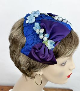 Vintage 50s Lavender and Blue Clip Hat, Half Hat, with Pale Blue Florals by Valerie Modes