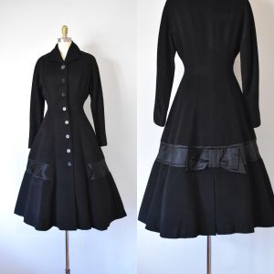1950s black wool cashmere princess coat, 50s fit and flare coat