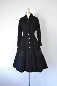 1950s black wool cashmere princess coat, 50s fit and flare coat - Fashionconservatory.com