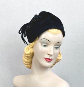 50s Black Velour and Beaded Asymmetrical Cocktail Hat