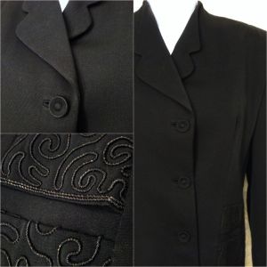Vintage 40s Blazer Suit Coat Ladies-M(8/10) Power Shoulder Embellished Piping Button-up Black - Fashionconservatory.com