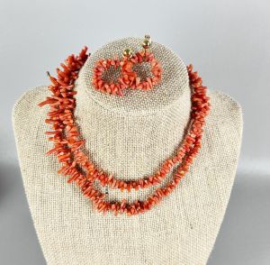 Vtg Red Coral Necklace and Earrings - Spiney or Branch Coral