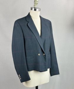 90s Dark Grey Plaid Waist Length Wool Suit Jacket, Sz M-L - Fashionconservatory.com