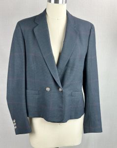 90s Dark Grey Plaid Waist Length Wool Suit Jacket, Sz M-L