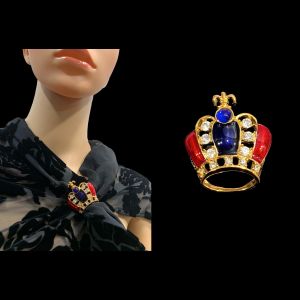 Vintage Jeweled Gold Crown Brooch Scarf Slide | Red Blue Rhinestones 