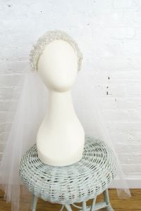 vintage tulle veil with pearl and crystal bridal crown . 1980s / 90s wedding headpiece - Fashionconservatory.com