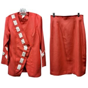 Vintage Coral Linen Blend Skirt Suit – Late 1980s Minimalist Designer Set