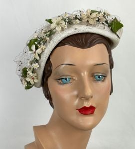 Vintage 50s Creamy White Straw Asymmetrical Floral Cuff Hat