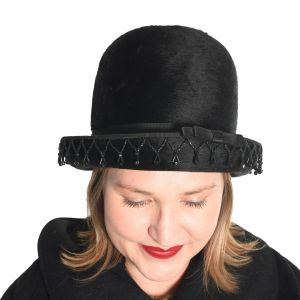60s Black Brushed Fur Felt Beaded Soft Bowler Schiaparelli Hat