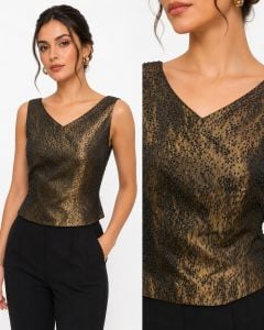 90s Y2K Bronze Beaded Shell Top Metallic Evening Top