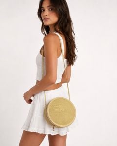 Y2K Round Woven Straw Shoulder Bag Natural Crossbody Purse - Fashionconservatory.com