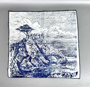 Vintage 50s Blue and White Handkerchief, The Lone Cypress