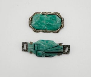 Vintage 1920s Aqua Czech Glass Brooches, Two