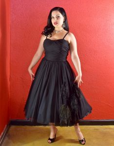 1950s Black Chiffon Fit and Flare Dress with Ostrich Feathers - Fashionconservatory.com