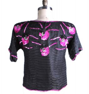 Vintage Avalon Pure Silk Blouse Dressy Black Pink Sequin Scallop Bead Lined Sz M - Fashionconservatory.com
