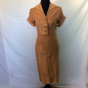 1950s fitted salmon gold lame dress - Fashionconservatory.com