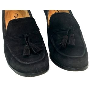 Vintage Black Kid Luxe Suede Pumps Tassel Block Heel | Handmade Spain | Size 6.5 - Fashionconservatory.com