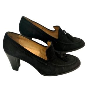 Vintage Black Kid Luxe Suede Pumps Tassel Block Heel | Handmade Spain | Size 6.5