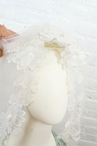 1970s long cathedral wedding veil with blusher and floral lace appliques - Fashionconservatory.com