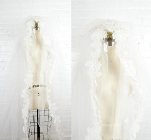 1970s long cathedral wedding veil with blusher and floral lace appliques