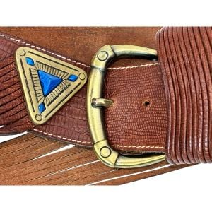 90s Italian Leather Belt Wide Brown Lizard Embossed Brass Blue Stone Statement Waist Belt  - Fashionconservatory.com