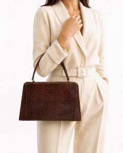 Vintage Escort Brown Lizard Skin Handbag 50s 60s Large Frame Bag