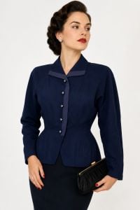 1940s Tailored Dark Blue Gabardine Jacket with Rhinestone Buttons & Grosgrain Trim