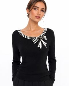90s Beaded Bow Sweater – Black Knit Long Sleeve, Rhinestone & Glass Beads Embellished Neckline