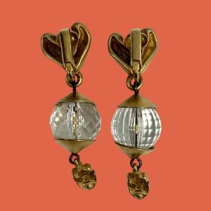 90s DKNY Luxe Matte Gold & Crystal Ball Dangle Earrings | Clip On - Fashionconservatory.com