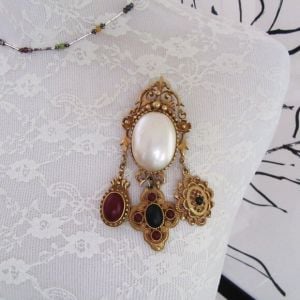 Vintage DKNY large ornate Victorian Revival faux pearl charm brooch - Antiqued gold tone setting   - Fashionconservatory.com