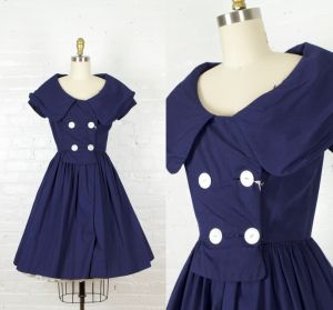 1950s shirtdress . 50s blue cotton shirt waist dress with fold over collar . small
