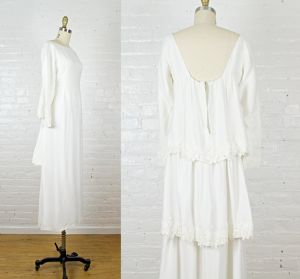 1960s Emma Domb wedding dress . 60s open back gown with long sleeves . small
