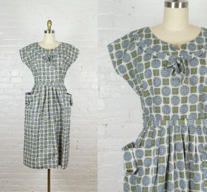 1950s blue printed medallion day dress with belt