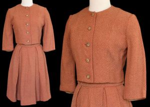 1960s Skirt Suit, Mod Two Piece Set, Woven Herringbone Wool, Cropped Jacket, Box Pleated Skirt, XS