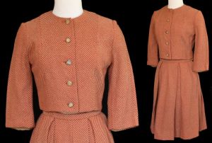 1960s Skirt Suit, Mod Two Piece Set, Woven Herringbone Wool, Cropped Jacket, Box Pleated Skirt, XS - Fashionconservatory.com