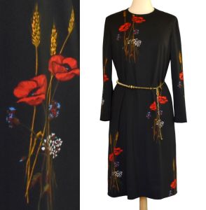 1960s Adele Simpson Poppy Print Rayon Jersey Sheath Dress, Size Medium