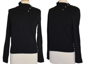 1990s Mainbocher Black Cashmere Sweater, Convertible Turtleneck Collar, Faux Pearl Buttons, M L