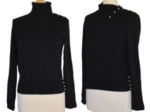 1990s Mainbocher Black Cashmere Sweater, Convertible Turtleneck Collar, Faux Pearl Buttons, M L - Fashionconservatory.com